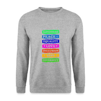 Freundlichkeit Frieden Gleichheit Liebe Inklusion Hoffnung - Unisex Pullover - Weißgrau meliert - Vorne - Alina (178cm) & Michal (187cm)