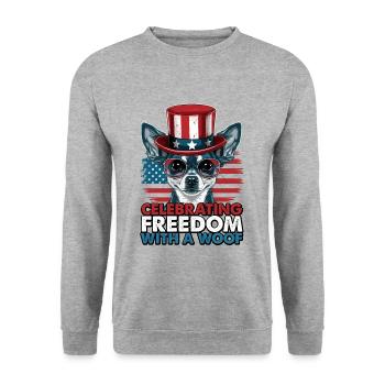 Chihuahua célèbre la liberté avec un woof - Sweat-shirt Unisexe - gris chiné - Devant - Alina (178cm) & Michal (187cm)