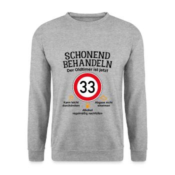 33. Geburtstag Schonend Behandeln Oldtimer Ist 33 - Unisex Pullover - Weißgrau meliert - Vorne - Alina (178cm) & Michal (187cm)