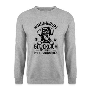 Teckel Dachshund Glücklich mit Rauhaardackel - Unisex Pullover - Weißgrau meliert - Vorne - Alina (178cm) & Michal (187cm)