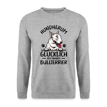 Hund Glücklich mit meinem Bullterrier - Unisex Pullover - Weißgrau meliert - Vorne - Alina (178cm) & Michal (187cm)