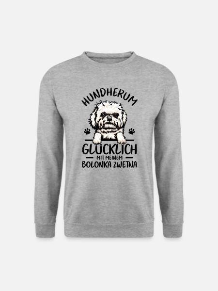 Hund Glücklich mit meinem Bolonka Zwetna - Unisex Pullover - Weißgrau meliert