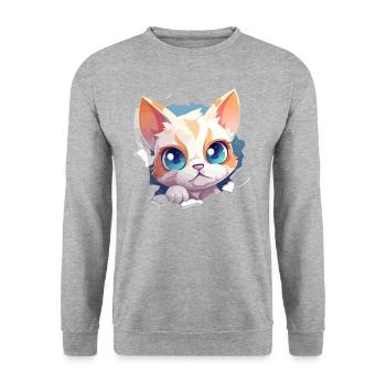 Flauschige Neugier: Babykatzen-Entdecker T-Shirt - Unisex Pullover - Weißgrau meliert - Vorne - Alina (178cm) & Michal (187cm)