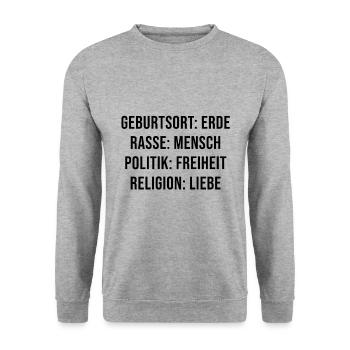 Geburtsort Erde. Rasse Mensch. Politik Freiheit. - Unisex Pullover - Weißgrau meliert - Vorne - Alina (178cm) & Michal (187cm)