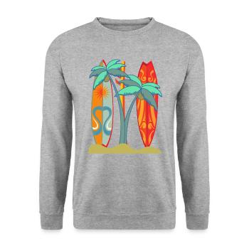 Conception d'illustration de palmiers "Surfboard Beach" - Sweat-shirt Unisexe - gris chiné - Devant - Alina (178cm) & Michal (187cm)