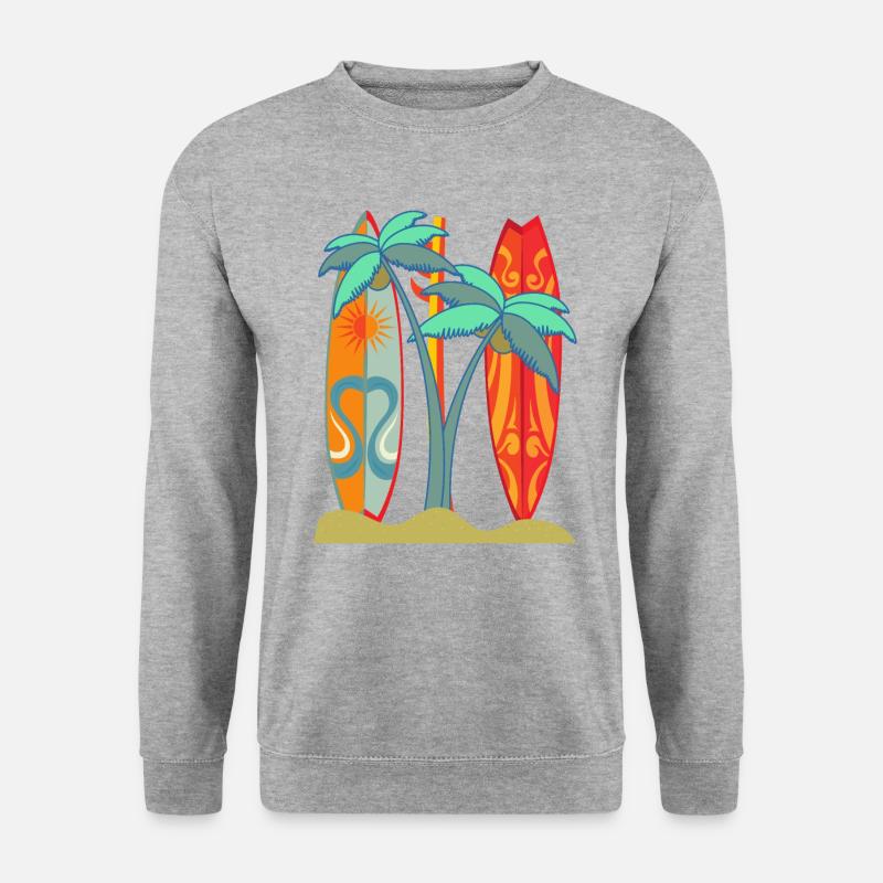 "Surfboard Beach" Palmen Illustration Design - Unisex Pullover - Weißgrau meliert