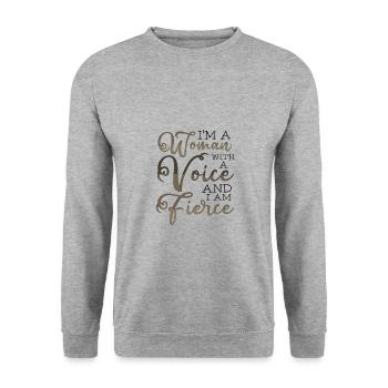 Feministische Geschenkfrau mit einer Stimme Heftiger Feminismus - Unisex Pullover - Weißgrau meliert - Vorne - Alina (178cm) & Michal (187cm)