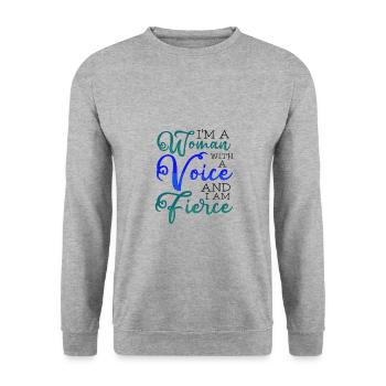 Feministische Geschenkfrau mit einer Stimme Heftiger Feminismus - Unisex Pullover - Weißgrau meliert - Vorne - Alina (178cm) & Michal (187cm)