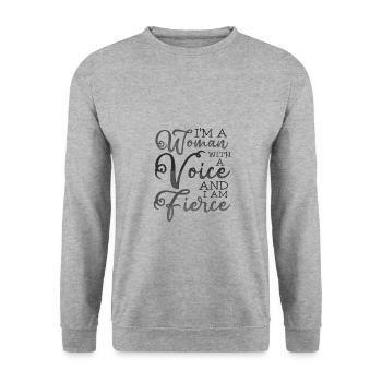 Feministin schenkt Frau mit Stimme heftigen Feminismus - Unisex Pullover - Weißgrau meliert - Vorne - Alina (178cm) & Michal (187cm)