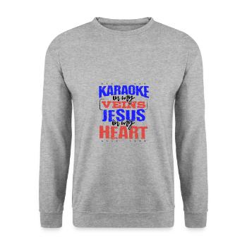 Karaoke Lover Geschenk Karaoke ist in meinen Adern Jesus - Unisex Pullover - Weißgrau meliert - Vorne - Alina (178cm) & Michal (187cm)