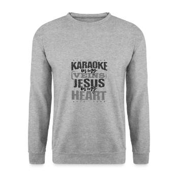 Karaoke Lover Geschenke Karaoke ist in meinen Adern Jesus - Unisex Pullover - Weißgrau meliert - Vorne - Alina (178cm) & Michal (187cm)