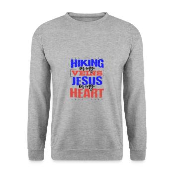 Wanderer Geschenk Wandern ist in Meinen Adern Jesus ist in Meinen - Unisex Pullover - Weißgrau meliert - Vorne - Alina (178cm) & Michal (187cm)