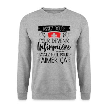 Assez douée pour devenir infirmière cadeau - Sweat-shirt Unisexe - gris chiné - Devant - Alina (178cm) & Michal (187cm)