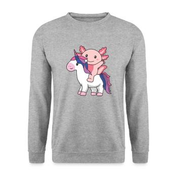 Bi Flag Pride LGBTQ Axolotl auf Einhorn - Unisex Pullover - Weißgrau meliert - Vorne - Alina (178cm) & Michal (187cm)
