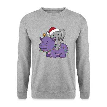 Weihnachts Hippo Elefant frohe Weihnachten Hippo - Unisex Pullover - Weißgrau meliert - Vorne - Alina (178cm) & Michal (187cm)