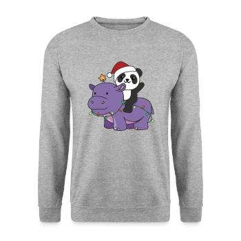 Weihnachts Hippo Panda frohe Weihnachten Hippo - Unisex Pullover - Weißgrau meliert - Vorne - Alina (178cm) & Michal (187cm)