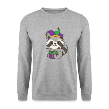 Fasching Waschbär mit Trommel Faschings Kostüm - Unisex Pullover - Weißgrau meliert - Vorne - Alina (178cm) & Michal (187cm)