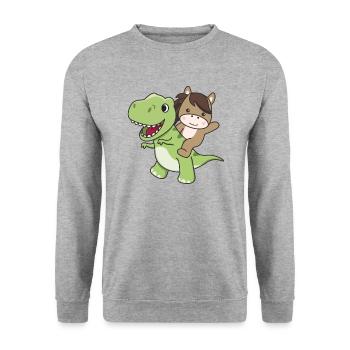 Pferd reitet auf T-Rex süßer Dino mit Pferde - Unisex Pullover - Weißgrau meliert - Vorne - Alina (178cm) & Michal (187cm)