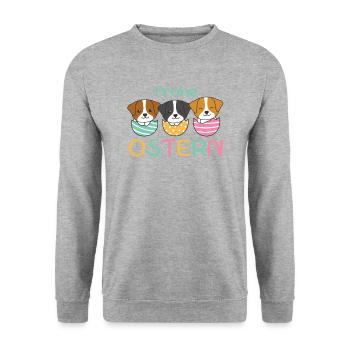 süße Hunde zu Ostern mit Ostereiern Jack Russell - Unisex Pullover - Weißgrau meliert - Vorne - Alina (178cm) & Michal (187cm)