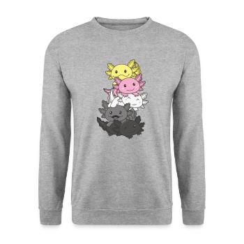 Queerplatonic Flag Pride LGBTQ süßer Axolotl - Unisex Pullover - Weißgrau meliert - Vorne - Alina (178cm) & Michal (187cm)