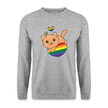 Regenbogen Flag Pride LGBTQ süßes Katze Love - Unisex Pullover - Weißgrau meliert - Vorne - Alina (178cm) & Michal (187cm)