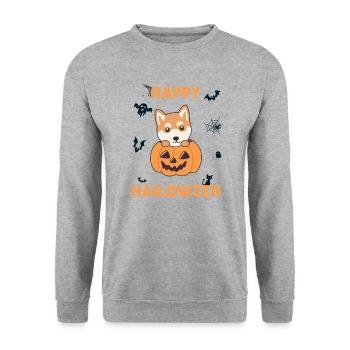 Shiba Inu in Kürbis süße Hunde Happy Halloween - Unisex Pullover - Weißgrau meliert - Vorne - Alina (178cm) & Michal (187cm)