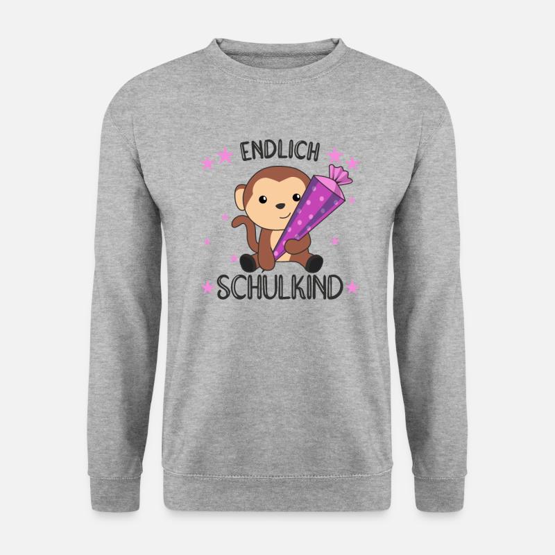 endlich Schulkind Einschulung Schule Affe - Unisex Pullover - Weißgrau meliert