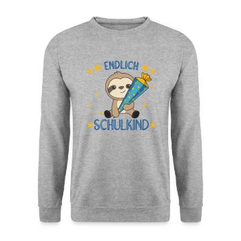 endlich Schulkind Einschulung Schule Faultier - Unisex Pullover - Weißgrau meliert - Vorne - Alina (178cm) & Michal (187cm)