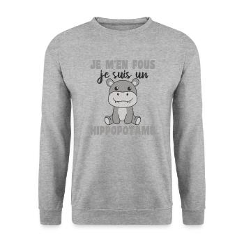 Je m'en fous je suis un hippopotame - Hippo - Unisex Pullover - Weißgrau meliert - Vorne - Alina (178cm) & Michal (187cm)