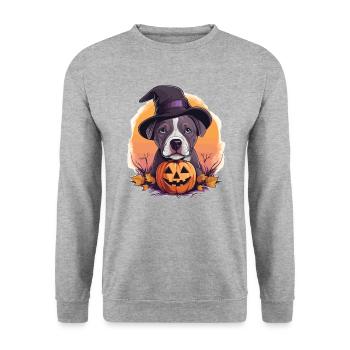 Halloween Hexenhut Kürbis Hund American Staffie - Unisex Pullover - Weißgrau meliert - Vorne - Alina (178cm) & Michal (187cm)