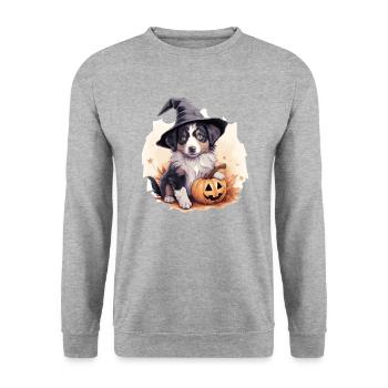 Halloween Chapeau de Sorcière Citrouille Chien Berger Australien - Sweat-shirt Unisexe - gris chiné - Devant - Alina (178cm) & Michal (187cm)