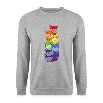 Regenbogen Flag Pride LGBTQ süßer Hippo Stapel - Unisex Pullover - Weißgrau meliert - Vorne - Alina (178cm) & Michal (187cm)