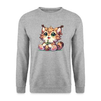 Kawaii Luchse Bubble Tea Boba Luchs - Unisex Pullover - Weißgrau meliert - Vorne - Alina (178cm) & Michal (187cm)