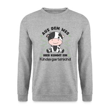 Aus Dem Weg Hier Kommt Ein Kindergartenkind Kuh - Unisex Pullover - Weißgrau meliert - Vorne - Alina (178cm) & Michal (187cm)