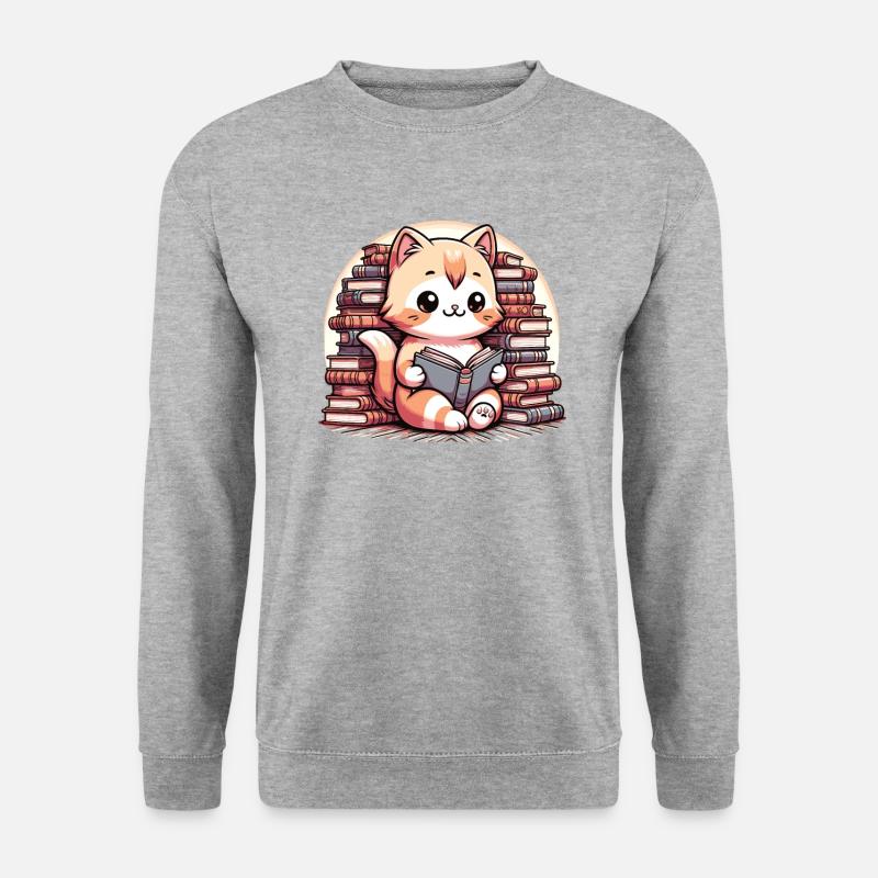 Süße Lese Katze mit vielen Bücher - Unisex Pullover - Weißgrau meliert