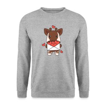 Okapi zum Valentinstag süße Tiere mit Herzen - Unisex Pullover - Weißgrau meliert - Vorne - Alina (178cm) & Michal (187cm)