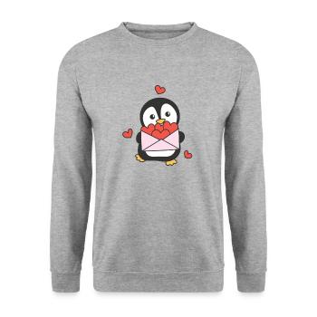 Pinguin zum Valentinstag süße Tiere mit Herzen - Unisex Pullover - Weißgrau meliert - Vorne - Alina (178cm) & Michal (187cm)