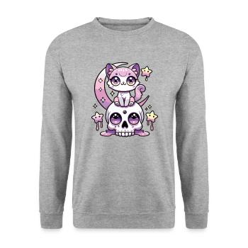 Kawaii Gothic Katze Pastellfarben Gothic Goth - Unisex Pullover - Weißgrau meliert - Vorne - Alina (178cm) & Michal (187cm)