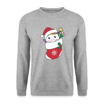 Süße Einhörner in Weihnachtssocke zu Weihnachten - Unisex Pullover - Weißgrau meliert - Vorne - Alina (178cm) & Michal (187cm)
