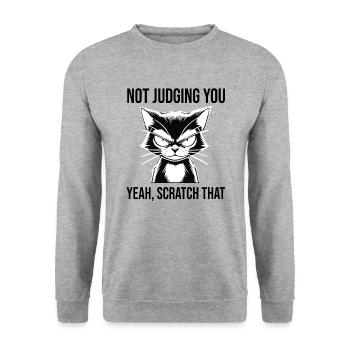 Sarkastische Katze Not Judging You Scratch That - Unisex Pullover - Weißgrau meliert - Vorne - Alina (178cm) & Michal (187cm)