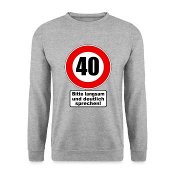 40. Geburtstag Verkehrsschild Achtung Geschenk - Unisex Pullover - Weißgrau meliert - Vorne - Alina (178cm) & Michal (187cm)