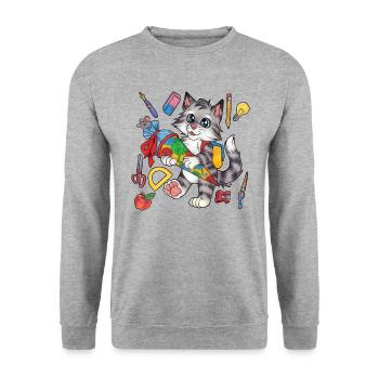 Niedliche Katze Katzenkind mit Zuckertüte Schule - Unisex Pullover - Weißgrau meliert - Vorne - Alina (178cm) & Michal (187cm)