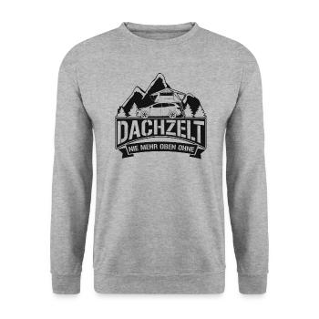 Dachzelt - "Nie mehr oben ohne" PKW Geschenk Natur - Unisex Pullover - Weißgrau meliert - Vorne - Alina (178cm) & Michal (187cm)