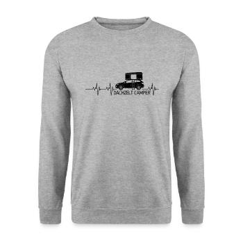 Dachzelt Camping | Geschenk für alle Camper - Unisex Pullover - Weißgrau meliert - Vorne - Alina (178cm) & Michal (187cm)