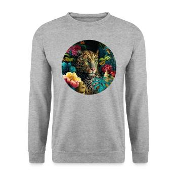 Leopard Jungle Blumen - Unisex Pullover - Weißgrau meliert - Vorne - Alina (178cm) & Michal (187cm)