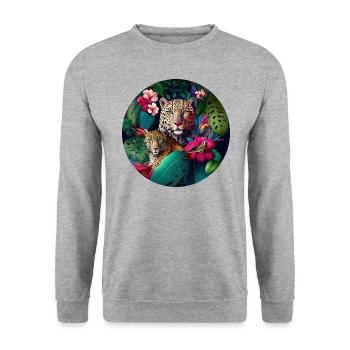 Leopard Dschungel Blumen - Unisex Pullover - Weißgrau meliert - Vorne - Alina (178cm) & Michal (187cm)