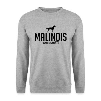MALINOIS was sonst Hundespruch Wilsigns - Unisex Pullover - Weißgrau meliert - Vorne - Alina (178cm) & Michal (187cm)