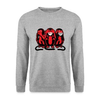 Drei Affen Maskenpflicht Verschwörung Motiv Fun - Unisex Pullover - Weißgrau meliert - Vorne - Alina (178cm) & Michal (187cm)