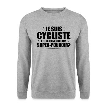 Ich bin Radfahrer. Was ist deine Superkraft? - Unisex Pullover - Weißgrau meliert - Vorne - Alina (178cm) & Michal (187cm)