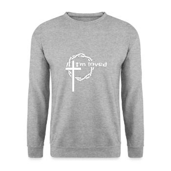 Christian Design - I'm Loved. Graphique avec couronne - Sweat-shirt Unisexe - gris chiné - Devant - Alina (178cm) & Michal (187cm)